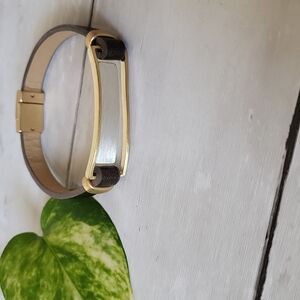 Brown Leather Gold and Silver Mixed Metal Rectangular Detail Magnetic Bracelet